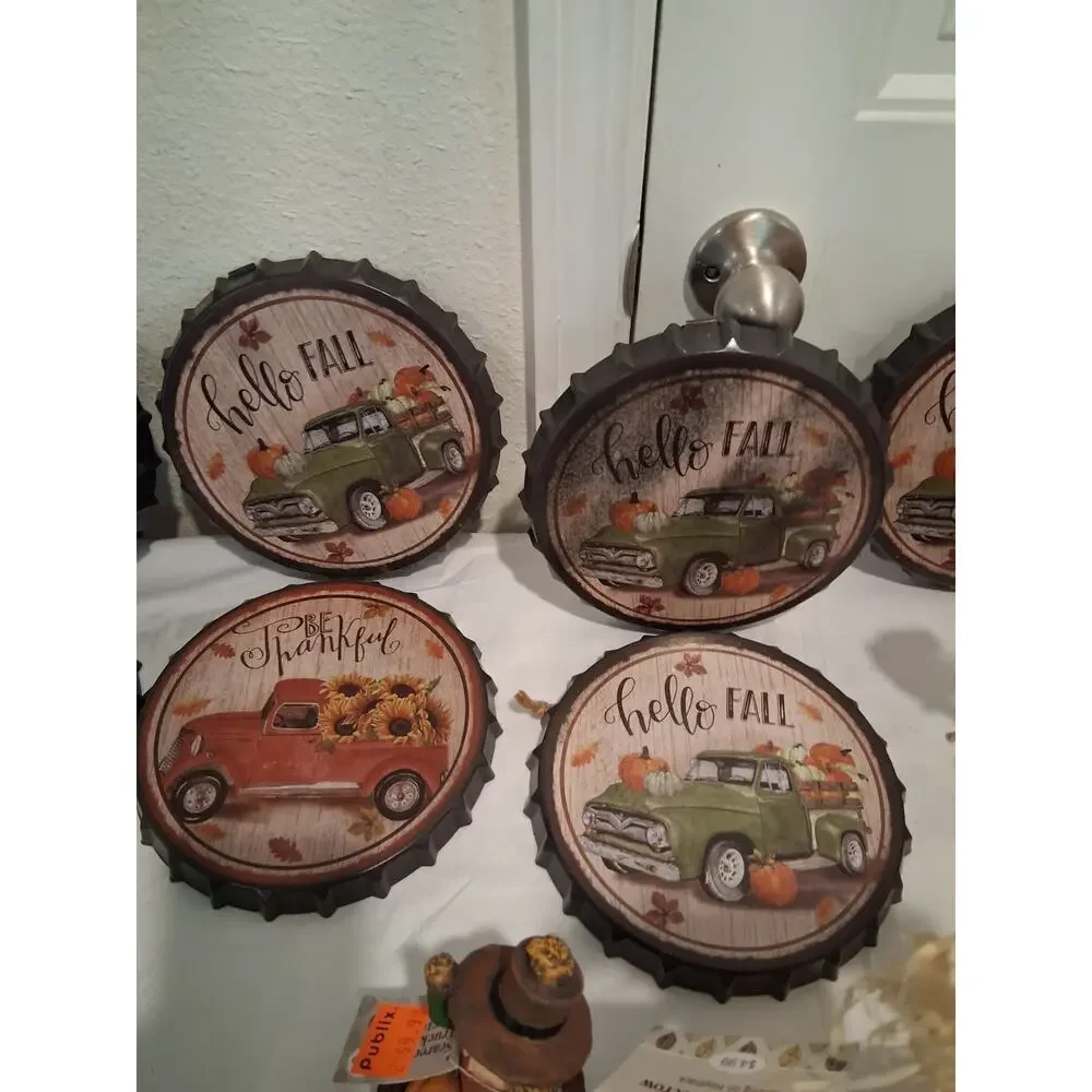 Huge 16pc Fall Autumn Decor Lot Scarecrow Truck Tractor Bottle Cap Signs Publix